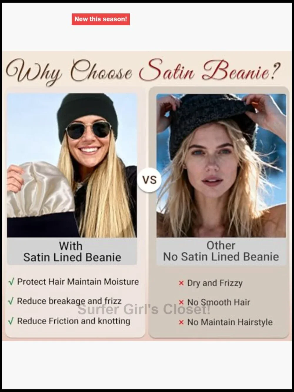 Satin Lined Beanie Winter Warm Hat Stretchable Acrylic